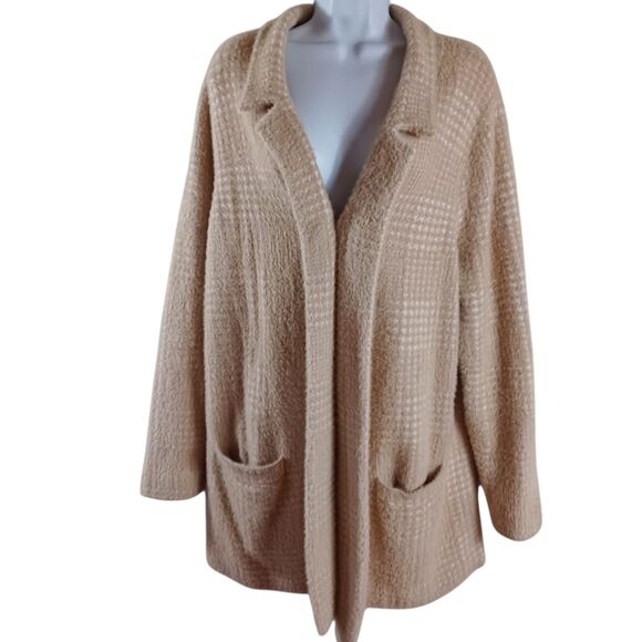 J.Jill Wearever Tan White Fuzzy Plaid Open Cardigan Sweater Jacket M Soft Wrap - Picture 2 of 8